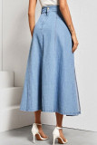 Blue Denim Button Fly Mid Solid A-line skirt Capris Bottoms