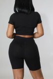 Black Fashion Casual Daily Letter Print Ripped Tear O Neck Short Sleeve Two Pieces