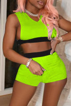 Fluorescent Green Fashion Casual Solid Split Joint Sleeveless Two Pieces