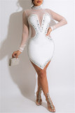 White Fashion Sexy Patchwork Hot Drilling See-through Asymmetrical Turtleneck Long Sleeve Dresses