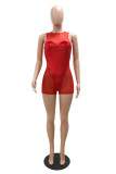 Red Fashion Sexy Solid Patchwork See-through O Neck Skinny Romper