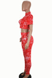 Red Sexy Print Patchwork Half A Turtleneck Short Sleeve Two Pieces