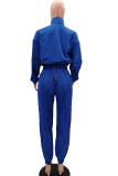 Blue Fashion Casual Adult Solid Split Joint O Neck Long Sleeve Regular Sleeve Short Two Pieces