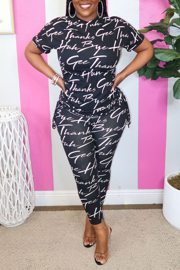 Black Casual Print Patchwork O Neck Short Sleeve Two Pieces