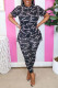 Black Casual Print Patchwork O Neck Short Sleeve Two Pieces