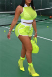 Fluorescent Green Fashion Sportswear Solid Hollowed Out Patchwork See-through Turndown Collar Sleeveless Two Pieces