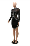 White Fashion Sexy Patchwork Hot Drilling See-through Asymmetrical Turtleneck Long Sleeve Dresses