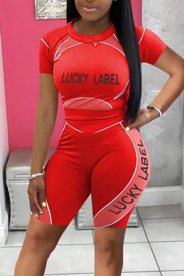 Red Casual Sportswear Print Patchwork O Neck Short Sleeve Two Pieces