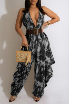 Grey Sexy Print Split Joint Backless Halter Loose Jumpsuits(Without Belt)