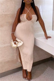 Apricot Fashion Sexy Solid Hollowed Out Backless Slit Halter Sleeveless Dress