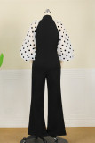 Black Fashion Casual Dot Patchwork Mandarin Collar Regular Jumpsuits