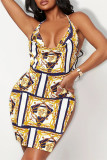 Multicolor Fashion Sexy Print Backless Slit Spaghetti Strap Sleeveless Dress