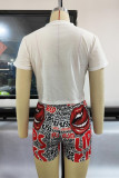 White Fashion Casual Letter Lips Printed Basic O Neck Short Sleeve Two Pieces