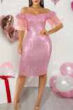 Pink Fashion Solid Sequins Patchwork Backless Slit Off the Shoulder Evening Dress