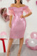 Pink Fashion Solid Sequins Patchwork Backless Slit Off the Shoulder Evening Dress