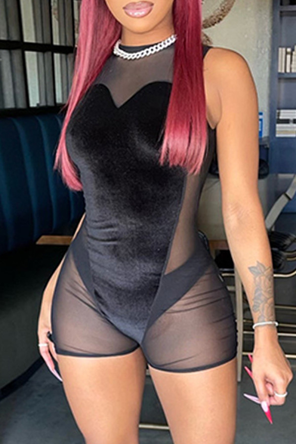 Black Fashion Sexy Solid Patchwork See-through O Neck Skinny Romper