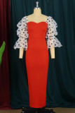 Orange Fashion Dot Solid Patchwork Backless Slit Square Collar Evening Dress