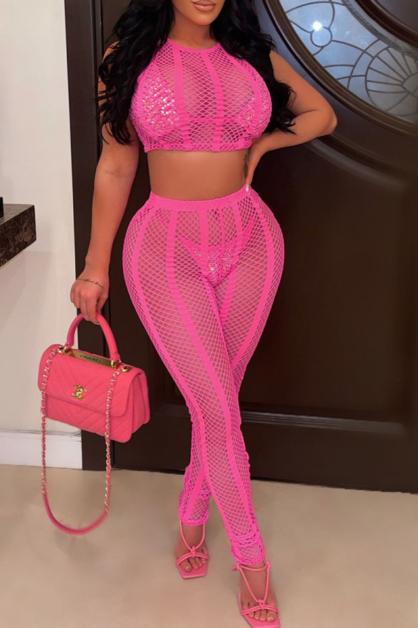 Rose Red Sexy Solid Patchwork Swimwears Four Pieces