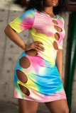 Multicolor Casual Print Hollowed Out Split Joint O Neck Straight Dresses