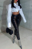 Black Fashion Sexy Solid Hollowed Out Skinny High Waist Pencil Trousers