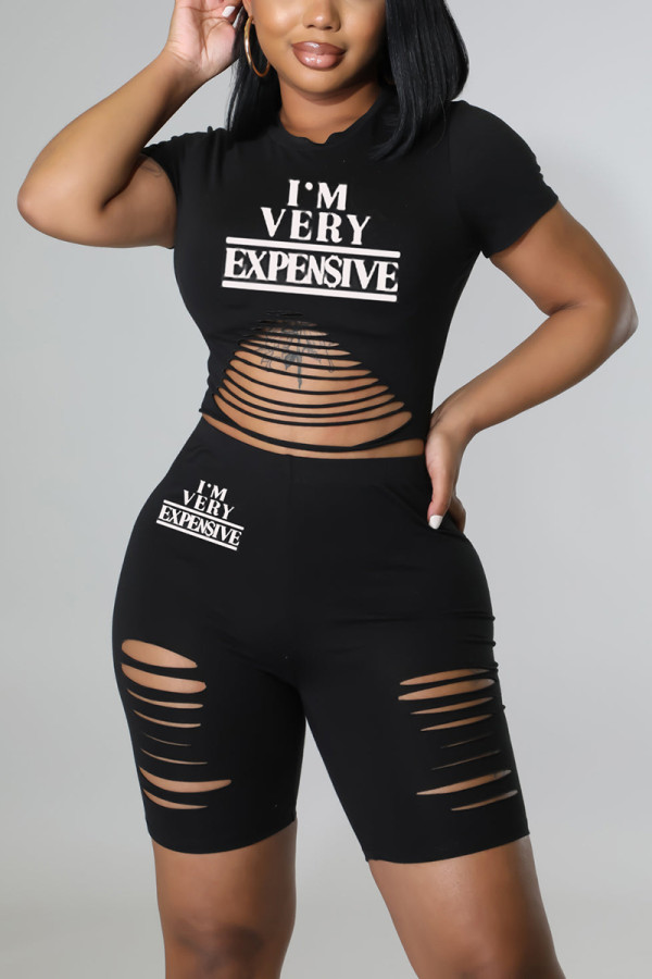 Black Fashion Casual Daily Letter Print Ripped Tear O Neck Short Sleeve Two Pieces