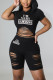 Black Fashion Casual Daily Letter Print Ripped Tear O Neck Short Sleeve Two Pieces