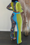Fluorescent Yellow Sexy Print Patchwork Buckle Turndown Collar Long Sleeve Two Pieces