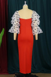 Orange Fashion Dot Solid Patchwork Backless Slit Square Collar Evening Dress