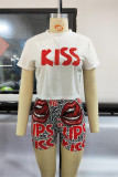 White Fashion Casual Letter Lips Printed Basic O Neck Short Sleeve Two Pieces