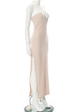 Apricot Fashion Sexy Solid Hollowed Out Backless Slit Halter Sleeveless Dress