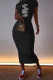 Black Fashion Casual Print Letter O Neck One Step Skirt Dresses