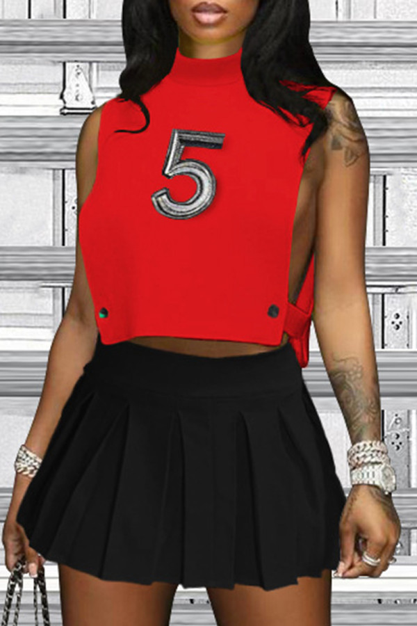 Red Fashion Sexy Print Patchwork Turtleneck Sleeveless Two Pieces