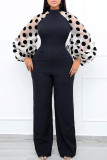 Black Fashion Casual Dot Patchwork Mandarin Collar Regular Jumpsuits