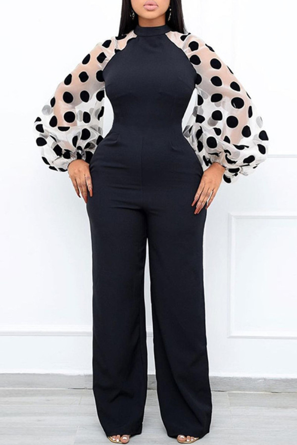 Black Fashion Casual Dot Patchwork Mandarin Collar Regular Jumpsuits