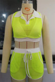 Fluorescent Green Fashion Sportswear Solid Hollowed Out Patchwork See-through Turndown Collar Sleeveless Two Pieces