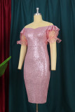 Pink Fashion Solid Sequins Patchwork Backless Slit Off the Shoulder Evening Dress