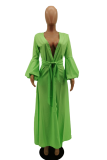 Green Casual Solid Slit V Neck Waist Skirt Dresses
