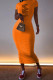 Orange Fashion Casual Print Letter O Neck One Step Skirt Dresses
