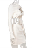 Light Apricot Fashion Sexy Solid Hollowed Out Patchwork Asymmetrical Long Sleeve Two Pieces