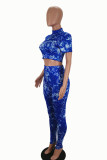 Red Sexy Print Patchwork Half A Turtleneck Short Sleeve Two Pieces