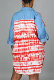 Deep Blue Fashion Casual Print Patchwork Turndown Collar Denim Dress