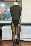Black Fashion Sexy Print See-through O Neck Sleeveless Two Pieces