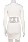 Light Apricot Fashion Sexy Solid Hollowed Out Patchwork Asymmetrical Long Sleeve Two Pieces