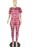 Red Casual Print Patchwork O Neck Short Sleeve Two Pieces