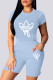 Blue Fashion Casual Print Patchwork O Neck Short Sleeve Two Pieces