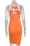 Orange Sexy Solid Bandage Hollowed Out Backless Halter Sleeveless Dress Dresses
