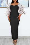 Black Fashion Dot Solid Patchwork Backless Slit Square Collar Evening Dress