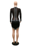 White Fashion Sexy Patchwork Hot Drilling See-through Asymmetrical Turtleneck Long Sleeve Dresses