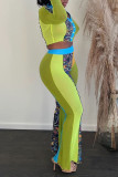 Fluorescent Yellow Sexy Print Patchwork Buckle Turndown Collar Long Sleeve Two Pieces