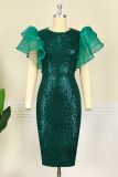 Green Fashion Solid Sequins Patchwork Slit O Neck Evening Dress